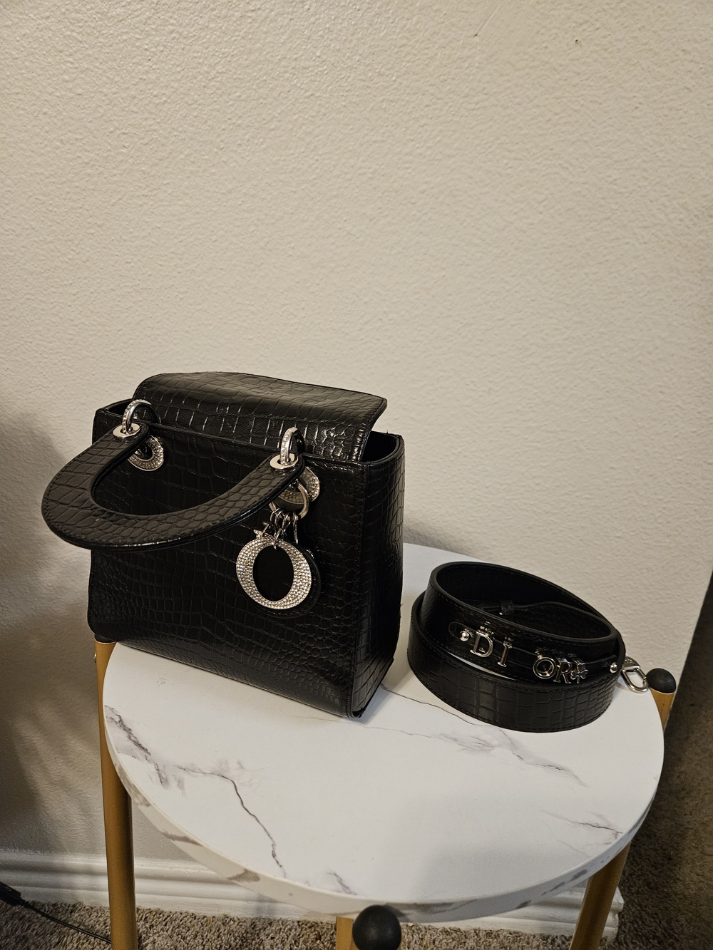 Christian Dior Black Croc-Embossed Shoulder Bag with Silver Hardware
